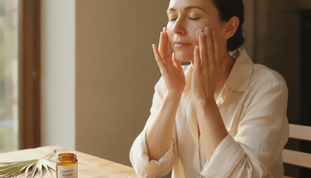A woman gently massaging a small amount of coconut oil blend onto her face with a soft glow suggesting a natural beauty