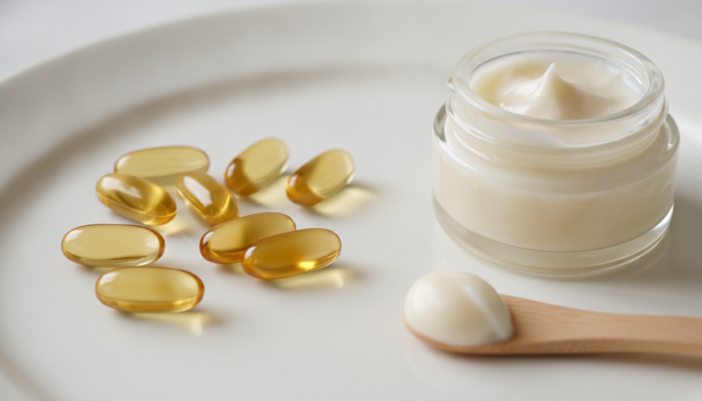 Various golden vitamin E capsules scattered on a clean surface next to a small jar of the homemade Vaseline balm