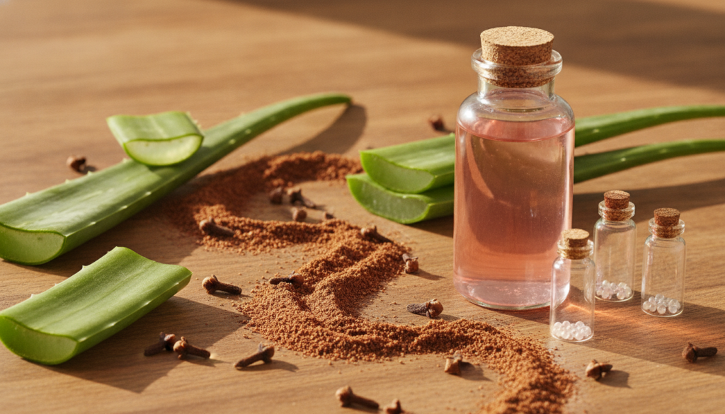 A close-up of whole cloves and clove powder alongside other natural skincare ingredients like aloe vera rose water and s