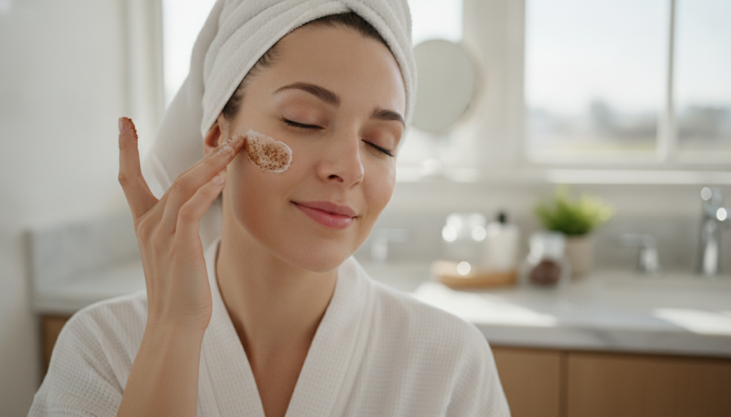 A woman gently applying a homemade coffee and Vaseline facial mask to her cheek in a brightly lit bathroom with a soft f