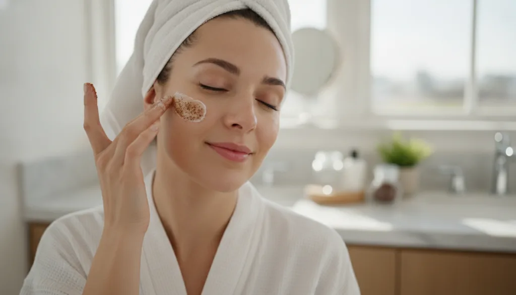 A woman gently applying a homemade coffee and Vaseline facial mask to her cheek in a brightly lit bathroom with a soft f