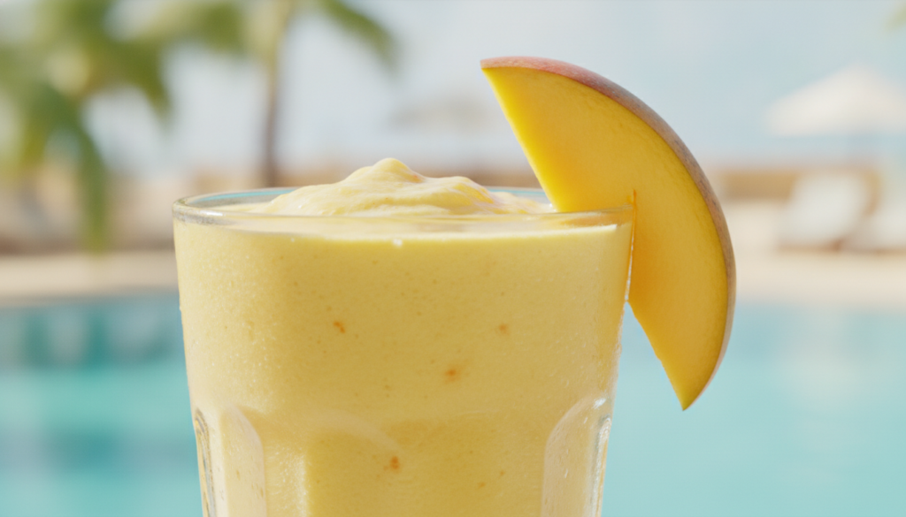 A tall glass of vibrant yellow mango smoothie garnished with a fresh mango slice on a bright summer background