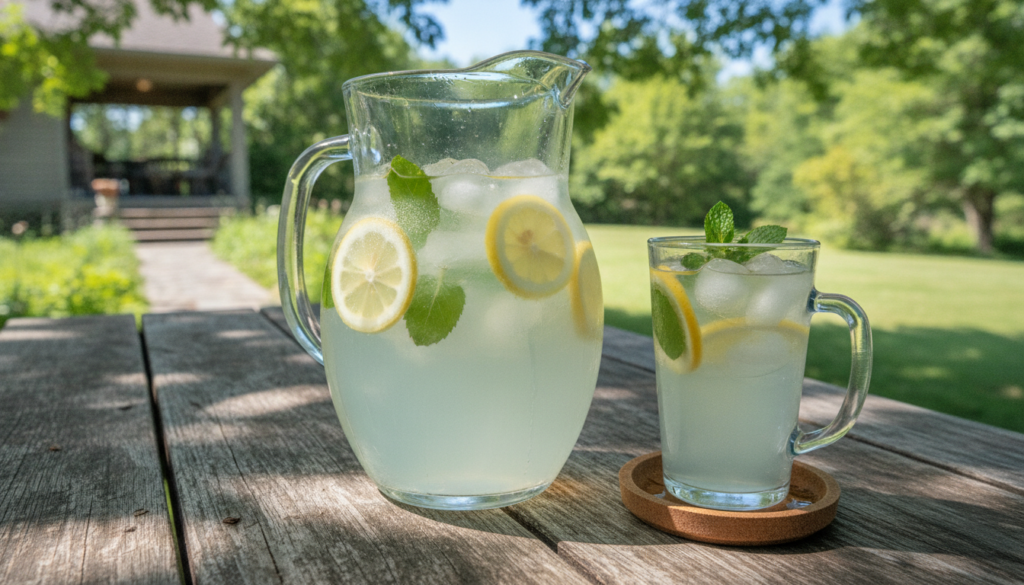A pitcher and glass of classic homemade lemonade with lemon slices and mint on a rustic outdoor table