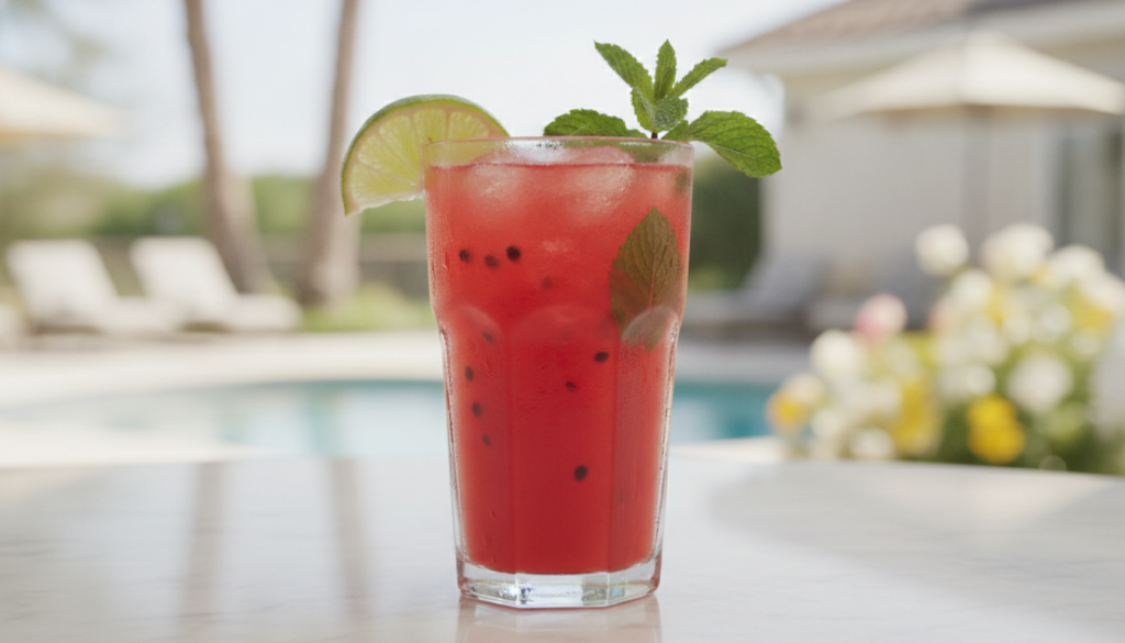 A clear glass of bright red watermelon juice with lime wedges and mint leaves on a light summer table
