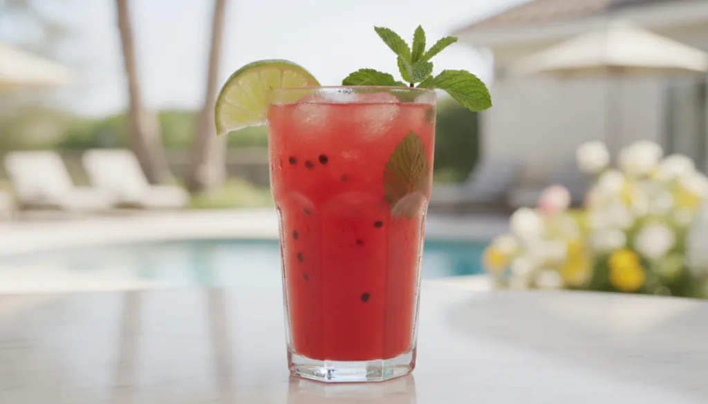 A clear glass of bright red watermelon juice with lime wedges and mint leaves on a light summer table