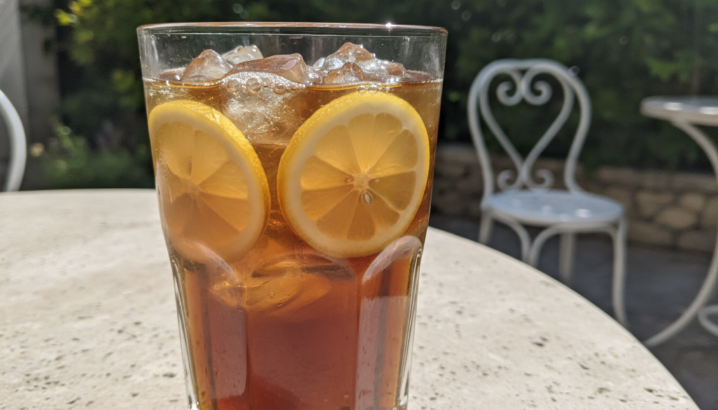 A glass of iced black tea with lemon slices and ice on a sunny patio table