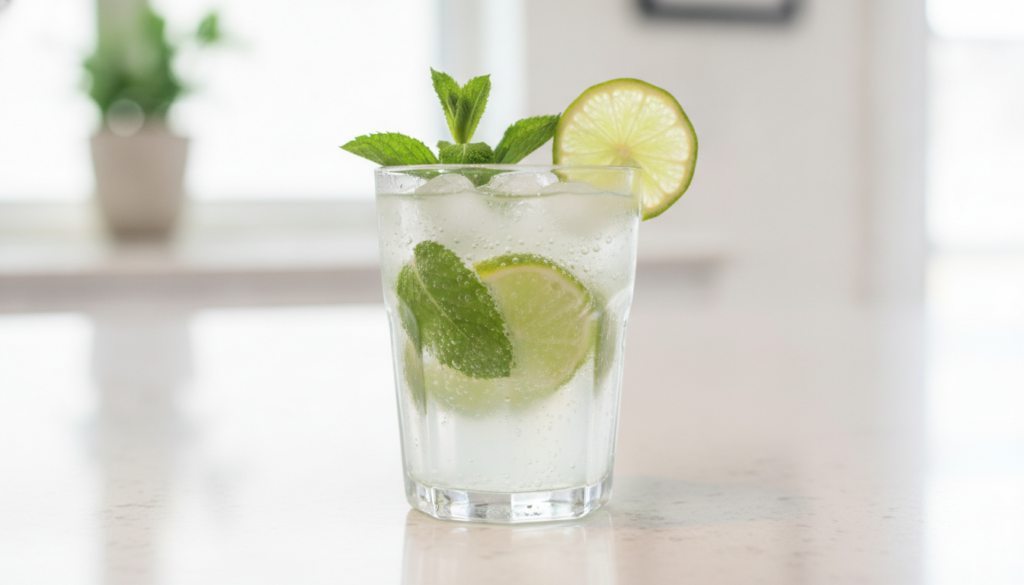A clear glass of non-alcoholic mojito with muddled mint lime wedges and ice topped with sparkling water