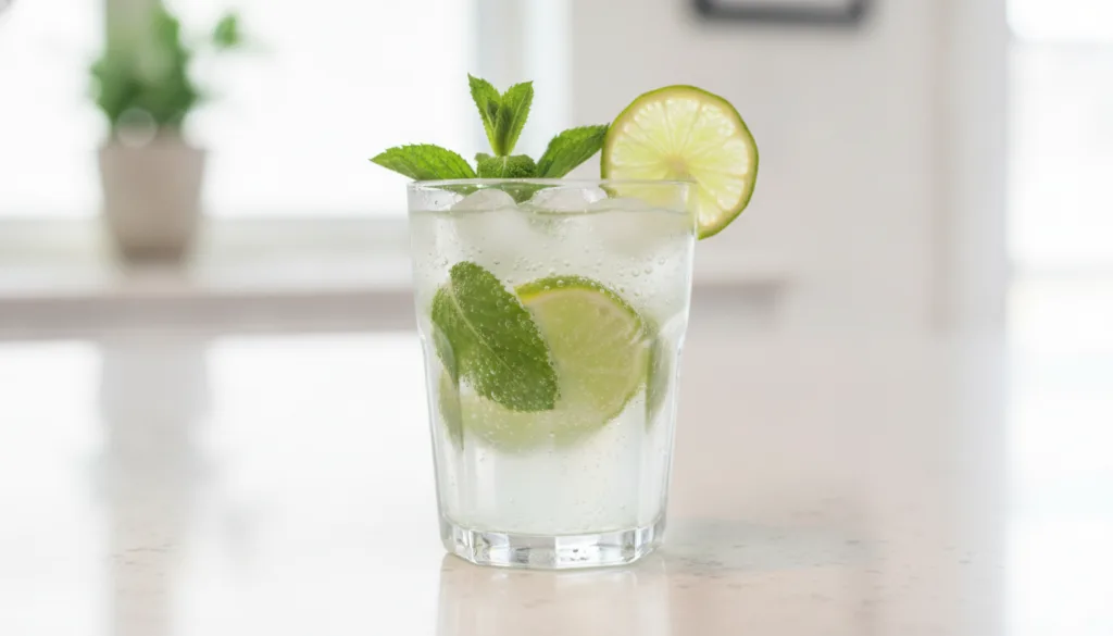 A clear glass of non-alcoholic mojito with muddled mint lime wedges and ice topped with sparkling water