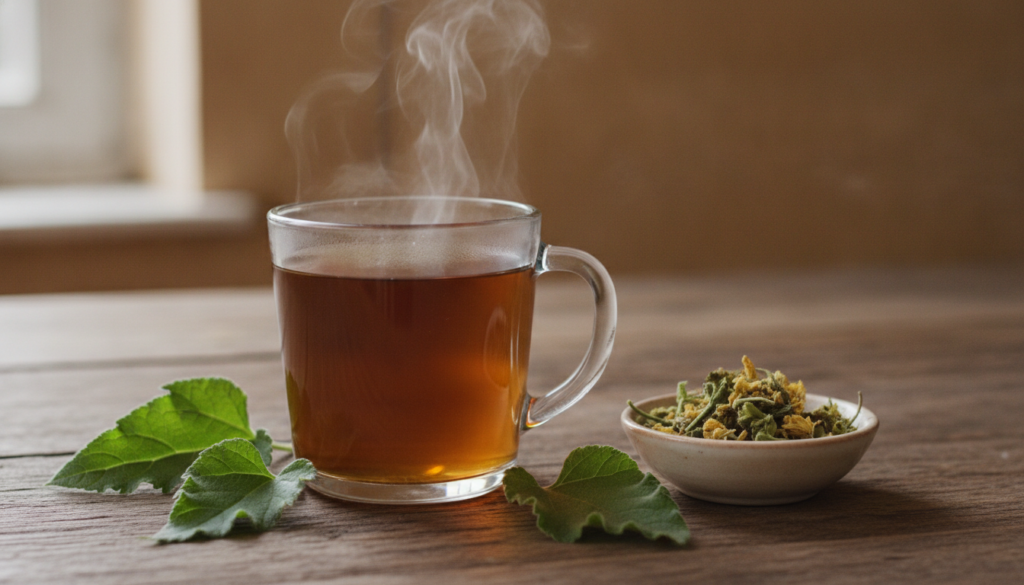 A clear glass mug of rich dark amber mullein tea on a rustic wooden table surrounded by a few fresh mullein leaves and a