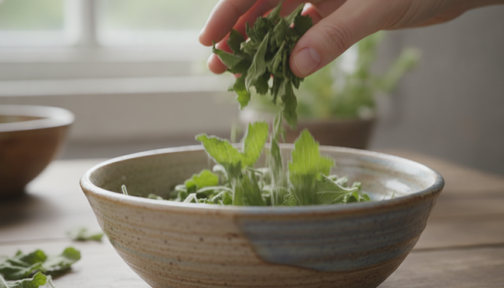 A close-up of a hand carefully sifting dried vibrant green mullein leaves into a rustic ceramic bowl The leaves are whol