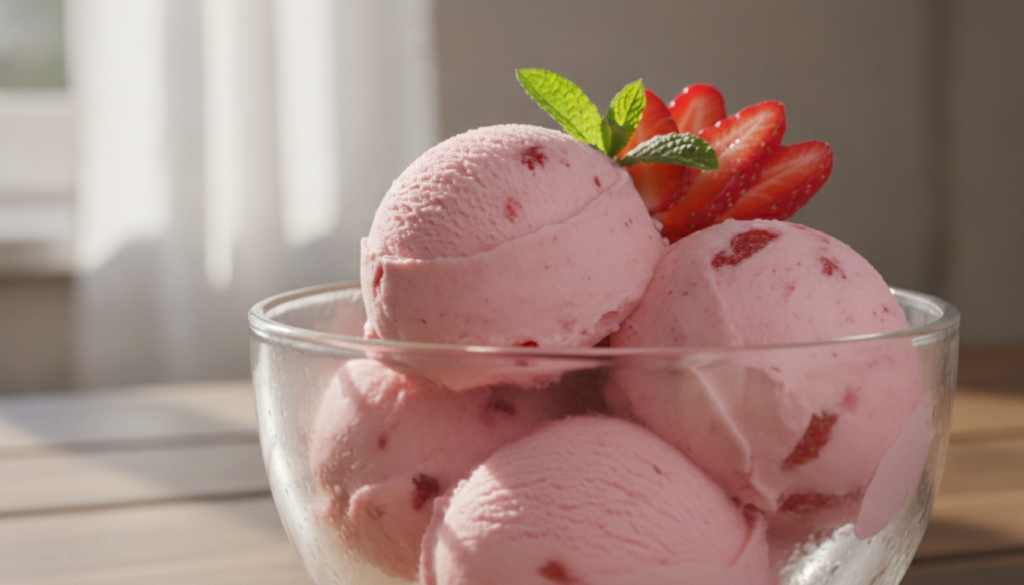 A bowl of pink strawberry ice cream with fresh strawberry slices and a mint leaf garnish The ice cream has a smooth crea