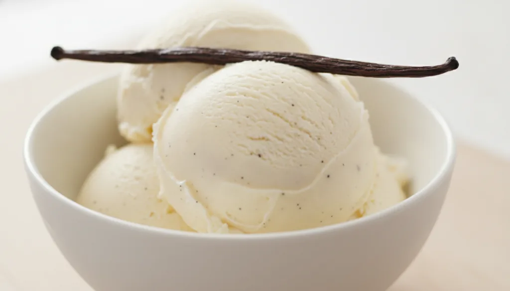 A scoop of creamy vanilla ice cream in a white bowl garnished with a vanilla bean pod The texture is smooth and luscious