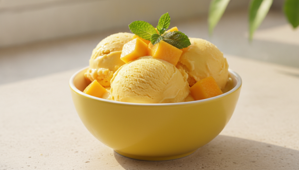 A vibrant yellow bowl of mango ice cream topped with fresh mango chunks and a sprig of mint The ice cream looks smooth a