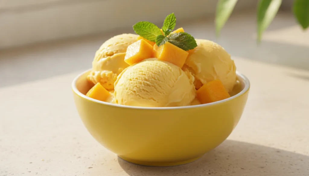 A vibrant yellow bowl of mango ice cream topped with fresh mango chunks and a sprig of mint The ice cream looks smooth a