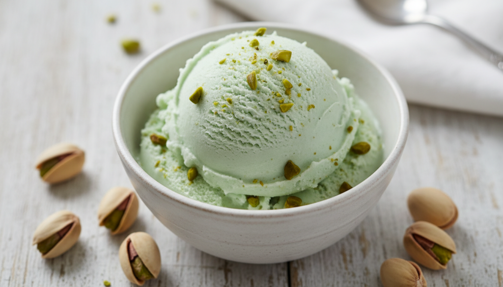 A pale green scoop of pistachio ice cream in a bowl speckled with finely chopped pistachios A few whole pistachios are s