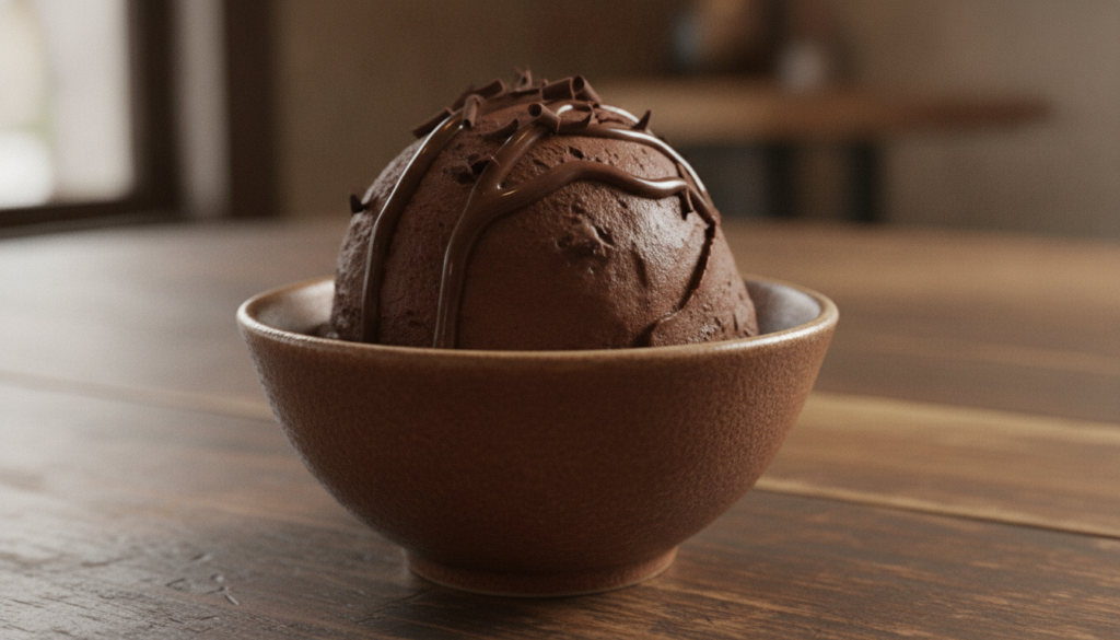 A dark rich scoop of chocolate ice cream in a small bowl possibly with a light chocolate syrup drizzle or chocolate shav