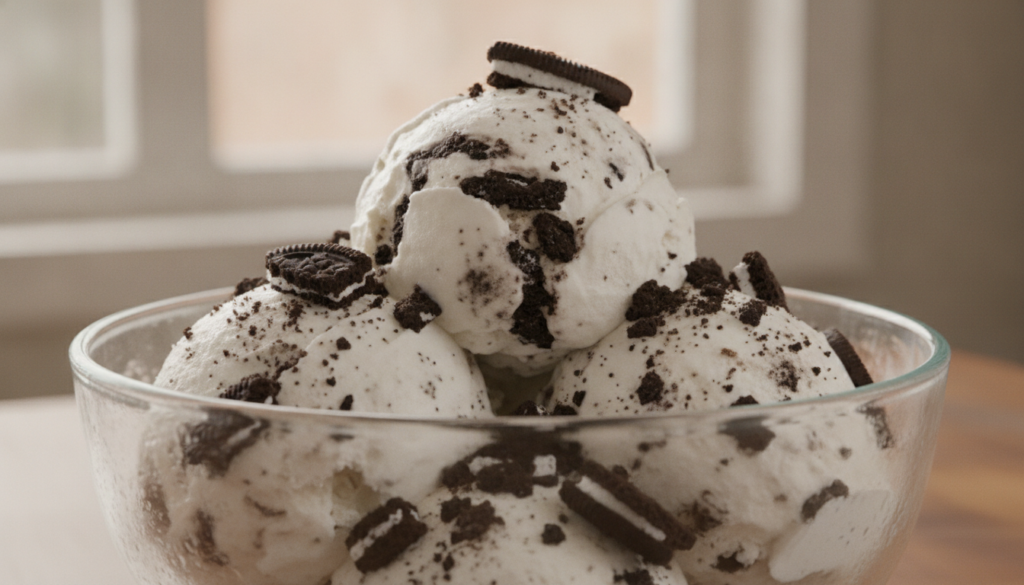 A scoop of white ice cream with visible crushed dark chocolate sandwich cookies mixed throughout served in a clear glass