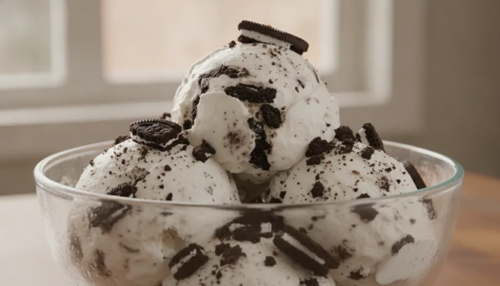 A scoop of white ice cream with visible crushed dark chocolate sandwich cookies mixed throughout served in a clear glass