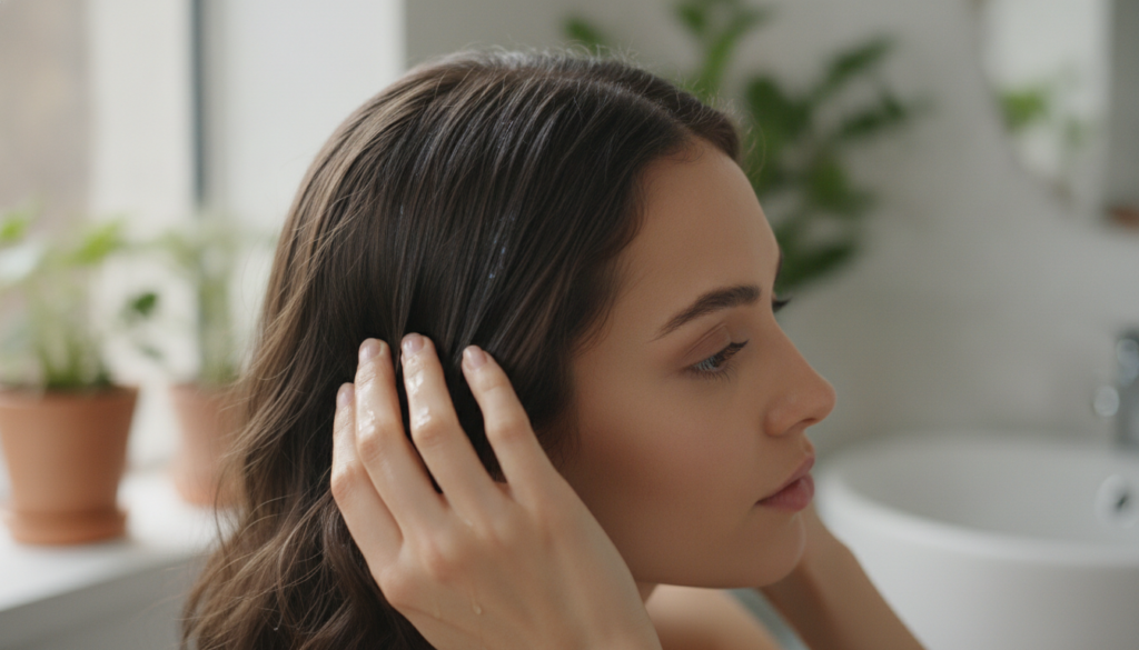 A woman gently massaging castor oil into her scalp and hair with her fingertips in a bright natural light setting