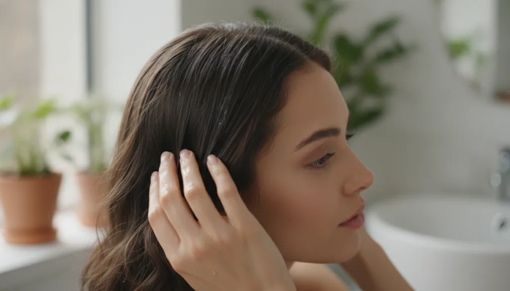 A woman gently massaging castor oil into her scalp and hair with her fingertips in a bright natural light setting