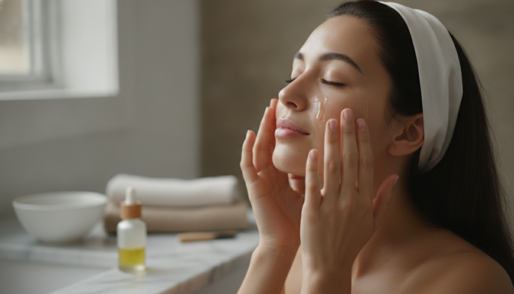 A woman applying avocado oil to her face with gentle upward strokes highlighting the moisturizing effect on her skin