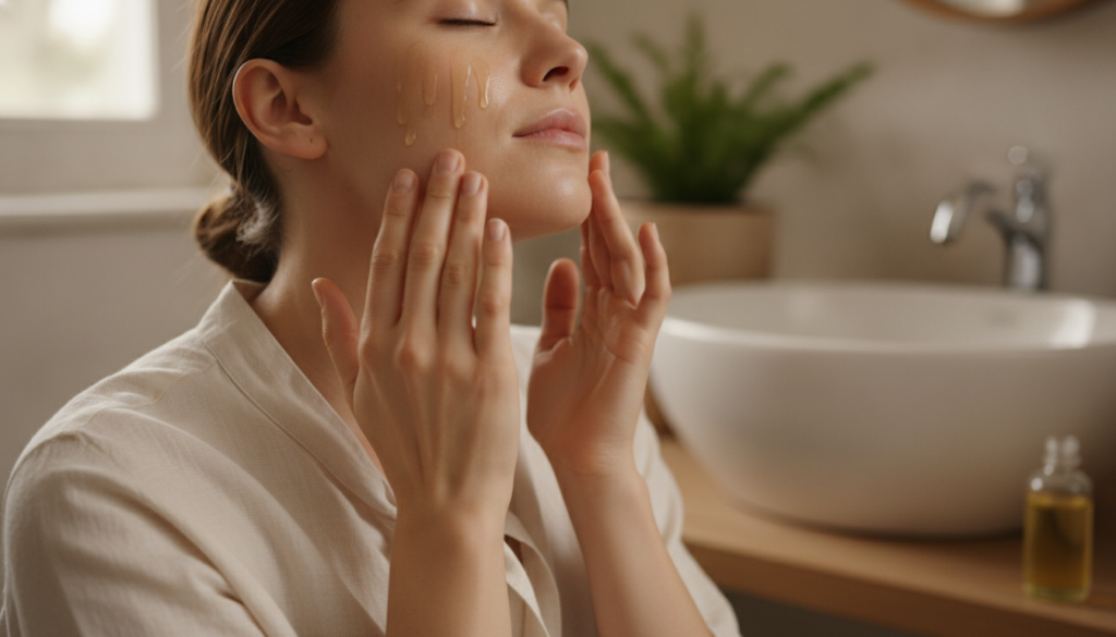 A person gently massaging a few drops of oil onto their face and neck with their fingertips in a soft natural light sett