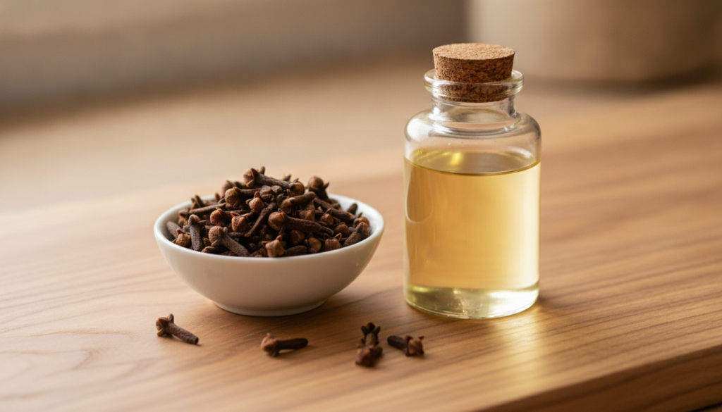 A small white bowl filled with whole cloves next to a bottle of carrier oil like almond or jojoba oil on a natural wood 