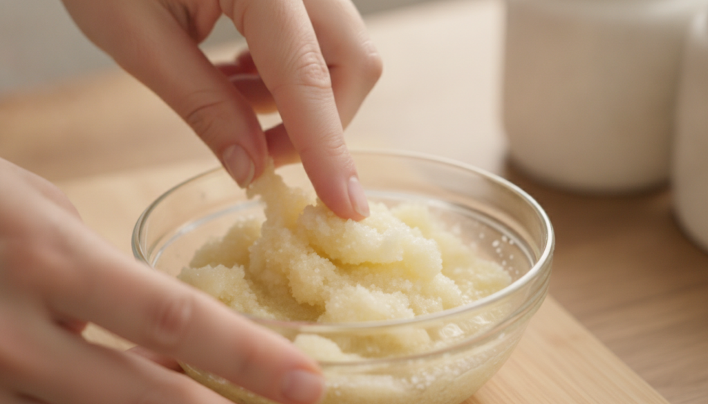 A close-up of hands mixing minced garlic sea salt and melted coconut oil in a small glass bowl to form a coarse scrub Th