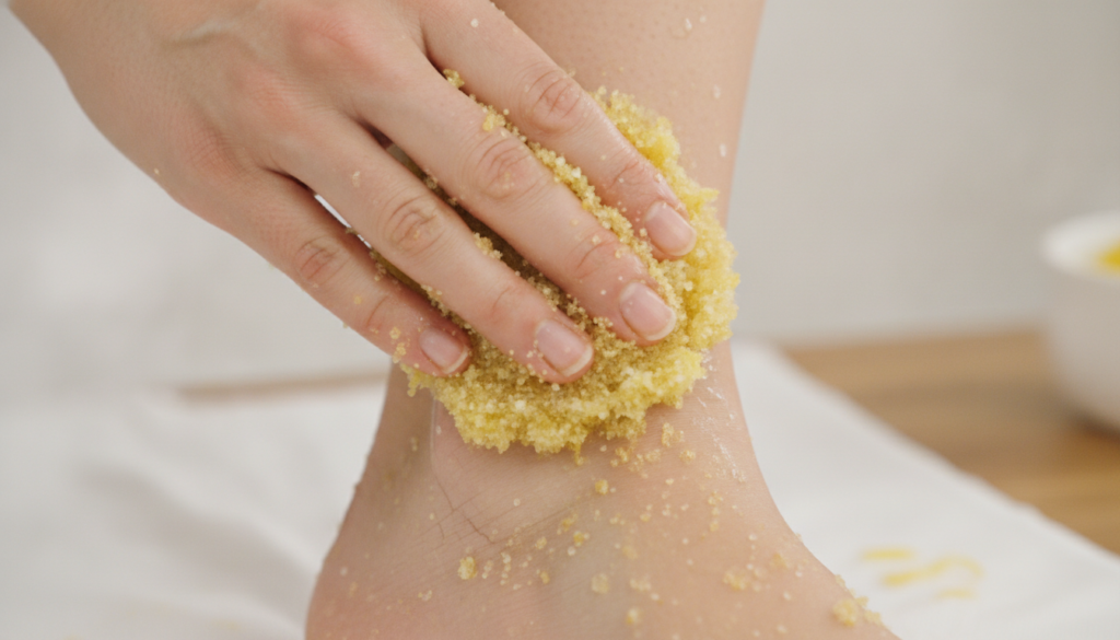 A person s hand applying a chunky yellowish scrub to a cracked heel demonstrating the gentle massage technique The foot 