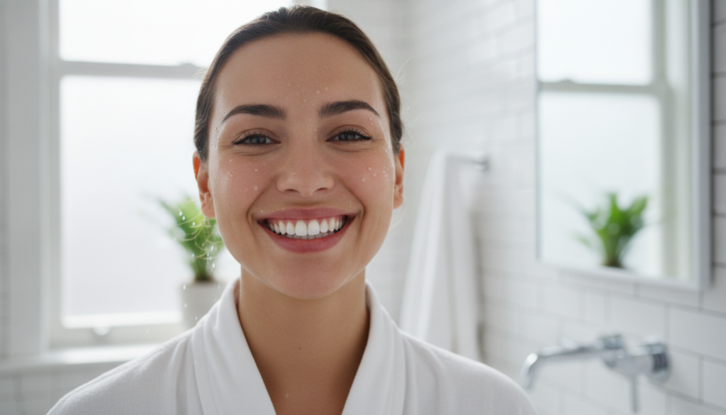 A person smiling brightly showcasing fresh breath and healthy teeth after incorporating natural remedies into their rout