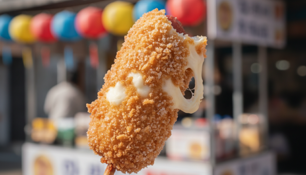 Korean hotdogs on a stick fried to golden perfection with a crispy bready coating some showing gooey melted mozzarella c