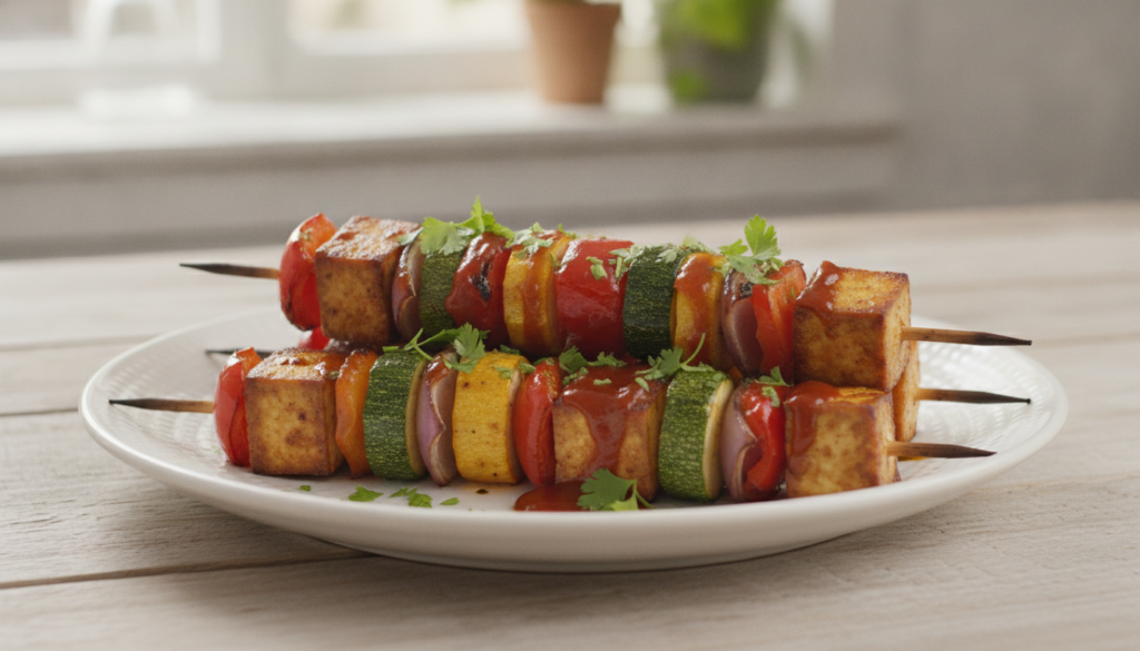 Grilled tofu and colorful bell pepper and onion pieces on skewers glazed with a rich BBQ sauce with char marks visible f