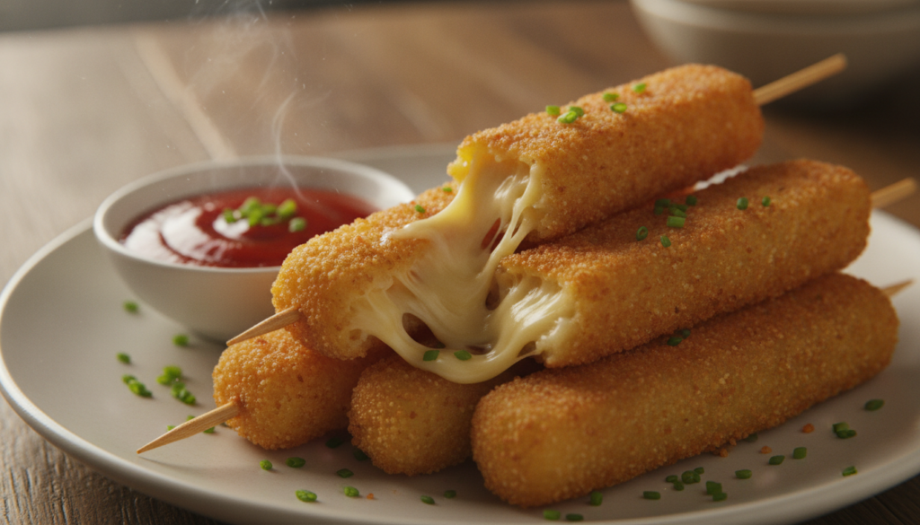 Golden brown cheesy potato sticks on skewers visibly crispy on the outside with a soft cheesy interior Served with a sma