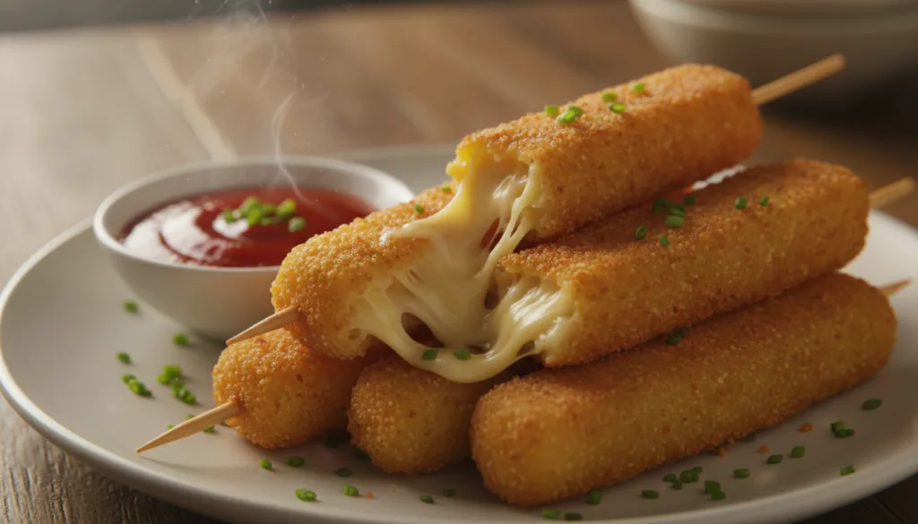 Golden brown cheesy potato sticks on skewers visibly crispy on the outside with a soft cheesy interior Served with a sma