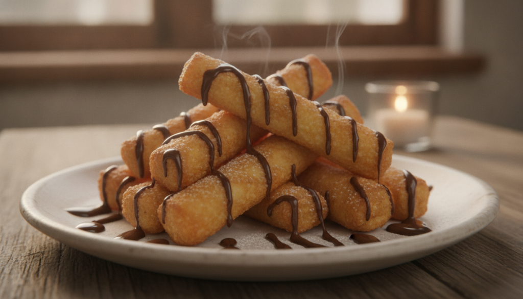 Golden-fried sweet banana sticks wrapped in crispy spring roll wrappers drizzled with chocolate syrup or condensed milk 