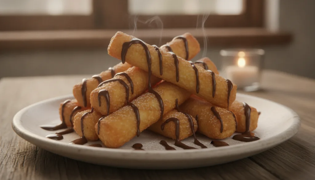 Golden-fried sweet banana sticks wrapped in crispy spring roll wrappers drizzled with chocolate syrup or condensed milk 