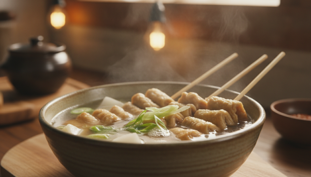 Korean fish cakes eomuk folded and skewered gently simmering in a clear savory broth garnished with chopped green onions