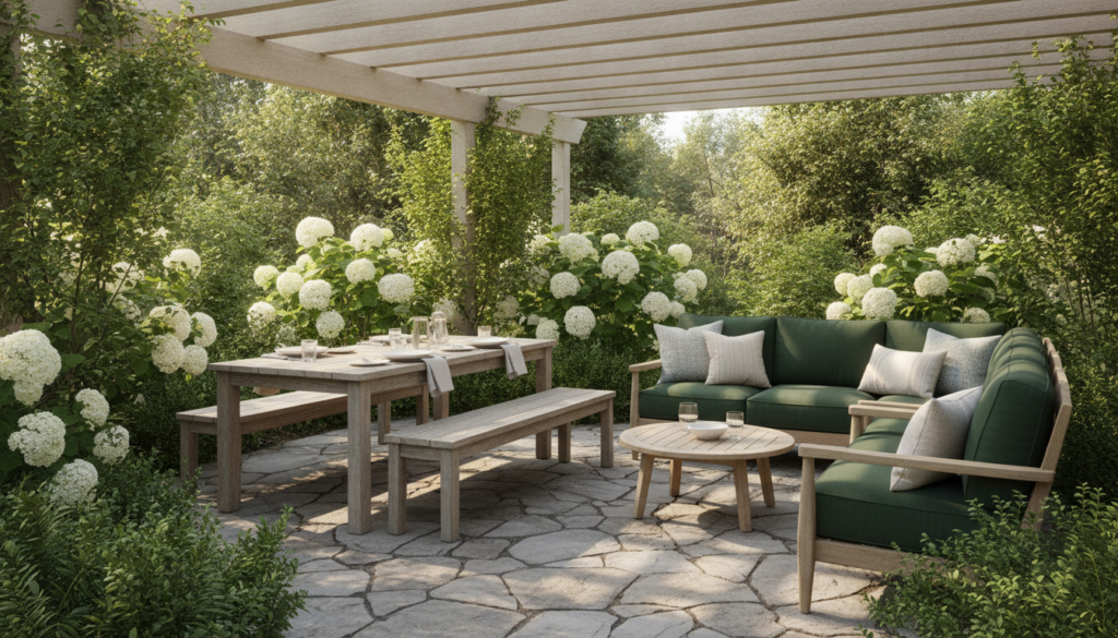A close-up of a rustic wooden dining set and an outdoor sofa with dark green cushions on a stone patio under a wooden pe