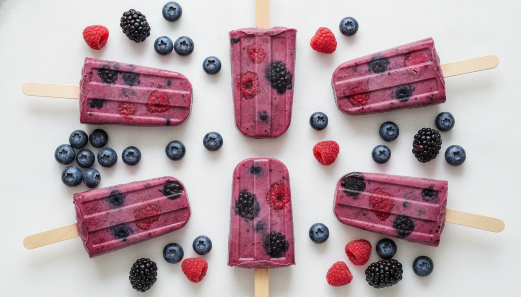Purple popsicles made with mixed berries and yogurt some with visible berry pieces on a white background Fresh mixed ber
