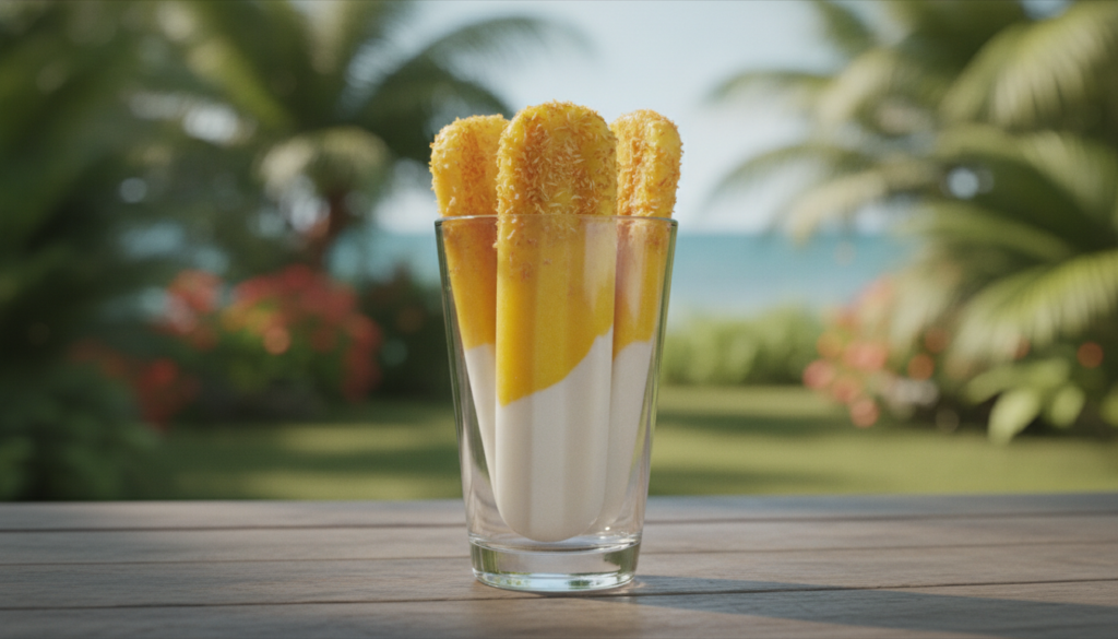 Bright yellow mango and white coconut milk layered popsicles garnished with a sprinkle of shredded coconut Tropical feel
