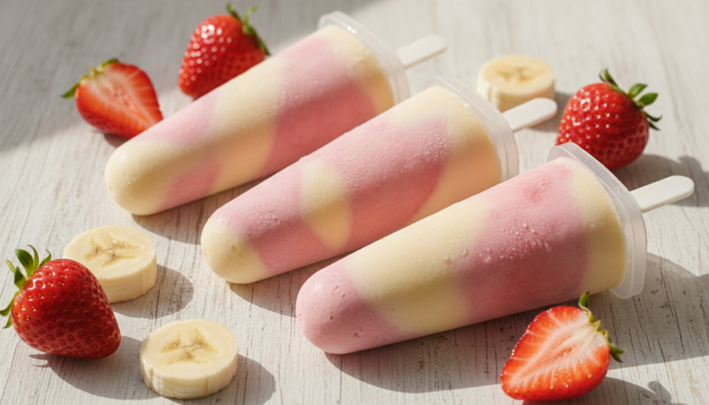Pink and yellow swirl popsicles in molds with fresh strawberries and banana slices in the background Bright natural ligh