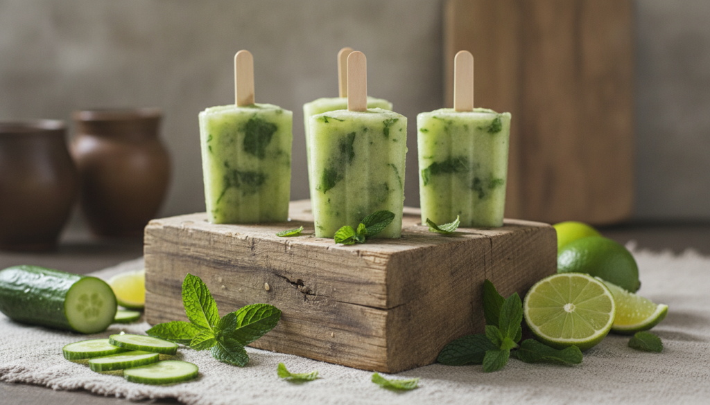 Light green popsicles made with cucumber mint and lime with visible mint flecks in a rustic setting with fresh ingredien
