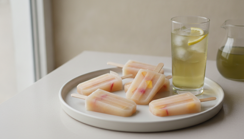 Delicate peach-colored popsicles some with visible peach chunks against a minimalist background Iced tea glass nearby