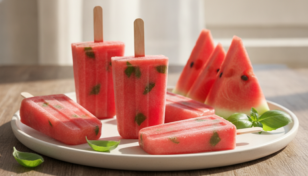 Bright red watermelon popsicles with flecks of green basil served with fresh watermelon wedges and basil leaves
