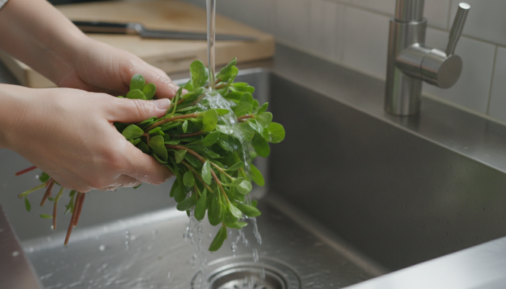 Freshly harvested purslane being rinsed under cool running water in a kitchen sink