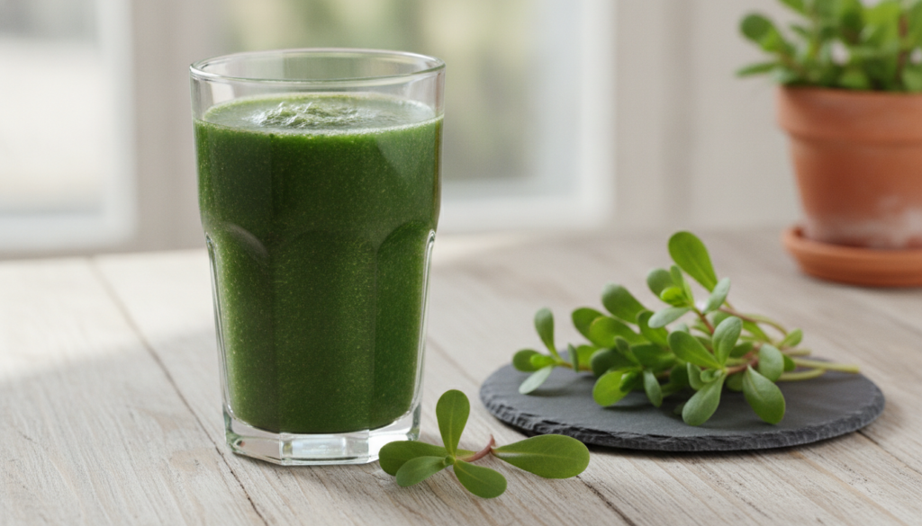 A vibrant green smoothie or tonic in a glass with fresh purslane sprigs next to it