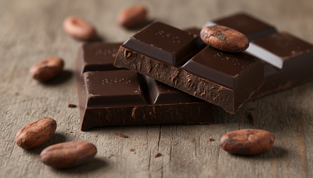 Close-up of a dark chocolate bar 85 cocoa specified broken into pieces with a few cocoa beans scattered around The light