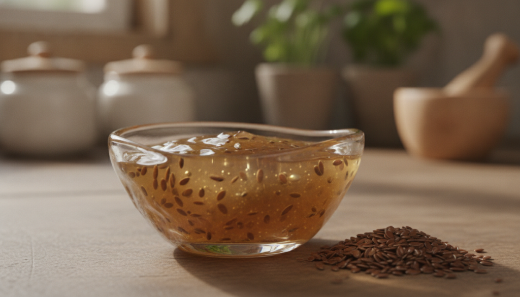 A close-up shot of a small glass bowl filled with translucent slightly viscous flaxseed gel with some whole flaxseeds vi