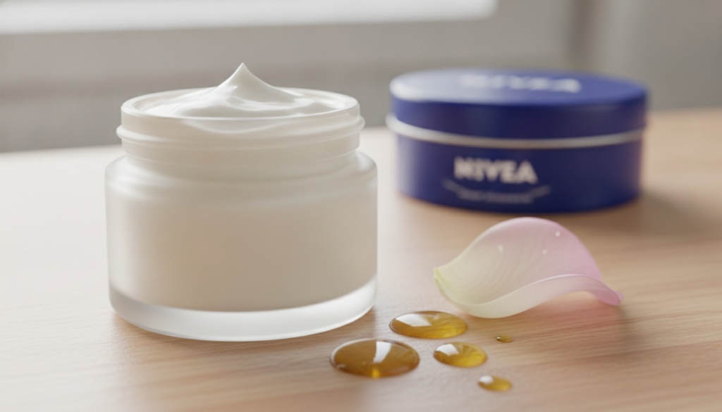 A small elegant glass jar filled with a creamy white homemade moisturizer A classic blue NIVEA tin is visible in the bac
