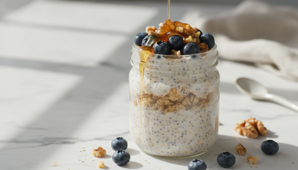 A beautifully presented jar of Princess Diana s Protein Oats topped with fresh blueberries walnuts and a drizzle of hone